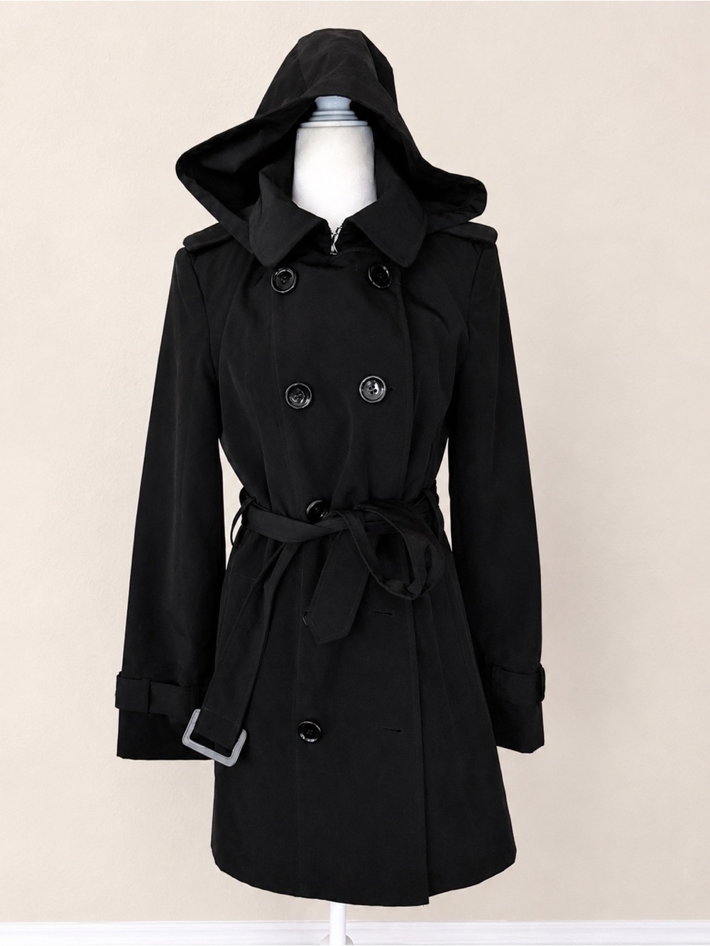 Calvin Klein Black Double-Breasted Trench Coat with removable hood and lining.